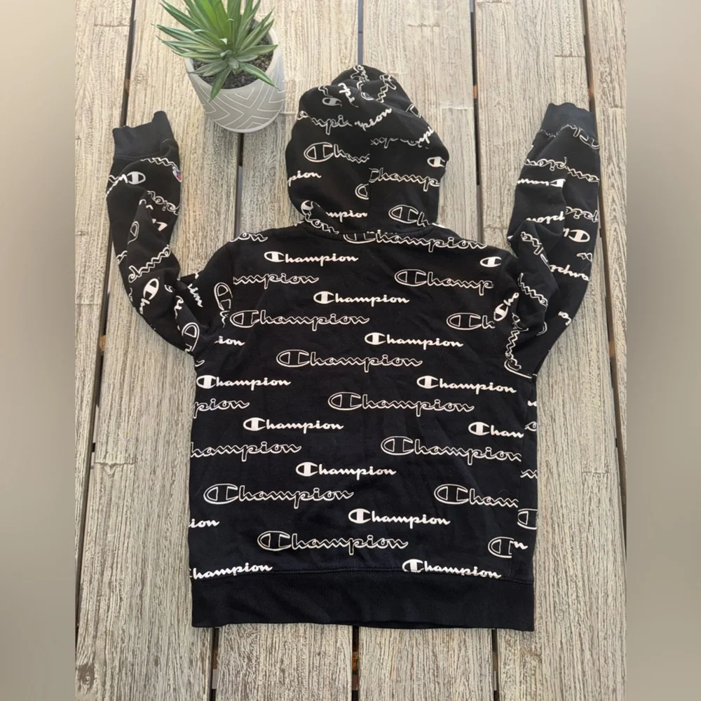 Boys Champion Black Hoodie with Logo Print, Size Medium